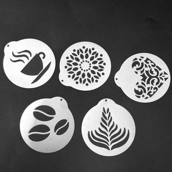 5 stk. Kaffeskabeloner i rustfrit stål, Latte Art Kaffe Garland Form Personlig Skabelon til Kaffekagedekoration