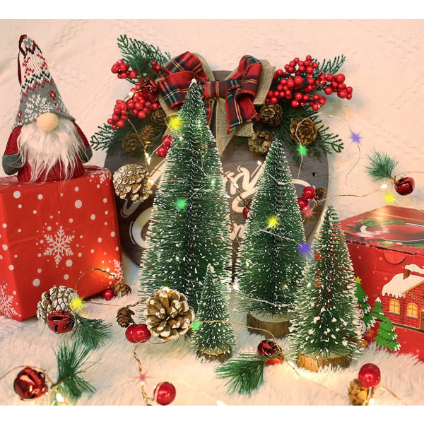 Kunstige mini juletrær, et sett med 4 stk miniatyr sisal frostet juletrær Flaske børste trær til jul Hjem borddekorasjon (grønn)