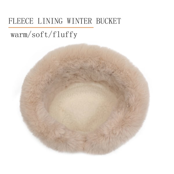 Dame Vinter Furry Bøtte Hat Rolled Rim Faux Fur Cloche Hat med Fleece Fôr,beige