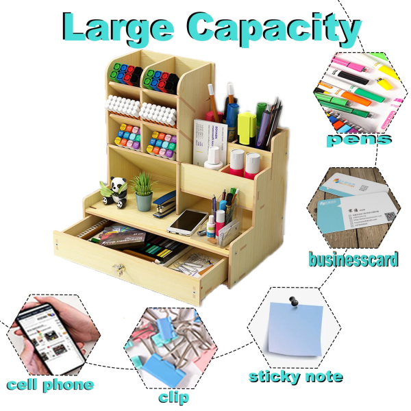 Tee-se-itse puinen organizer, suuri säilytyslaatikko laatikolla kotiin, toimistoon ja kouluun (valkoinen)