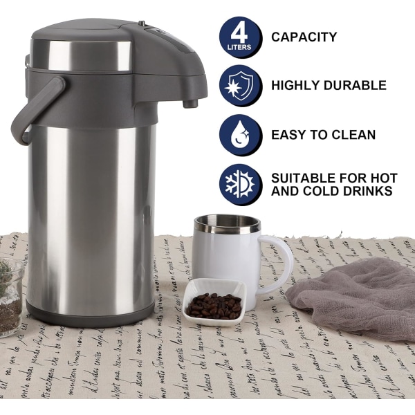 Kaffetermos - 4L Isolert Pumpekanne - Vakuumtermos i Rustfritt Stål for Drikkevarer BPA-fri Kaffekaraffel