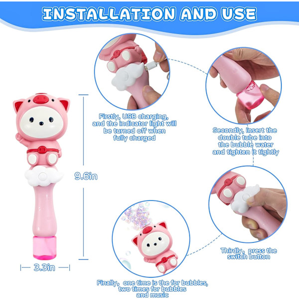 Automatisk bubbelstav för barn 3-5 år, ljus- och musikbubbelmaskin, elektrisk bubbelmaskin, bubbelleksaker för småbarn (Rosa)