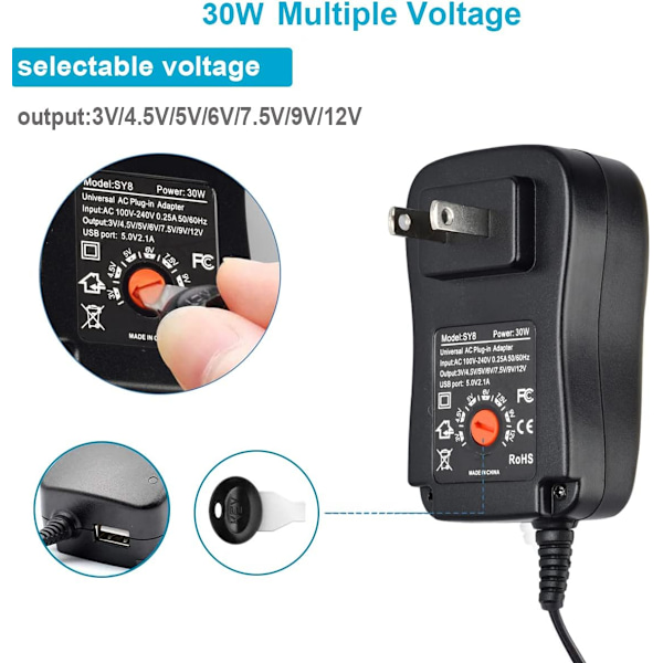 30W Universaali AC/DC-adapteri 6 valinnaisella adapteripäällä 3 V - 12 V kodin elektroniikalle, kuten CCTV, IP-kamera, kaiutin, reititin [2000mA Max]