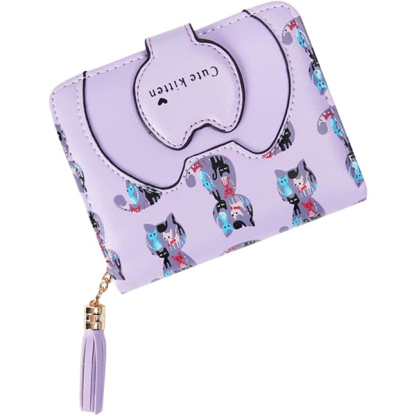 Søt liten lommebok, katteører for kvinner, myntveske, designerkortveske (lilla katt)
