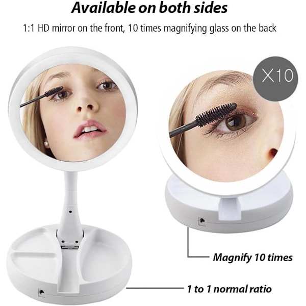 LED Foldbart Makeup Spejl med 1X/10X Forstørrelse, LED Lysende Dobbeltsidet Bordkosmetikspejl USB Lysende Spejl til Bord Skrivebord Badeværelse