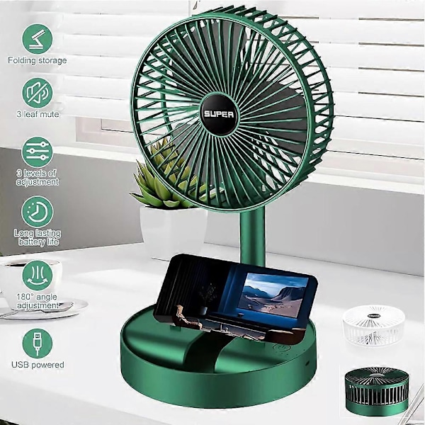 Teleskooppinen kokoontaitettava tuuletin, ladattava ja joustava mini pöytätuuletin 3 tuulitason säädöllä, 5W Green Direct plug type