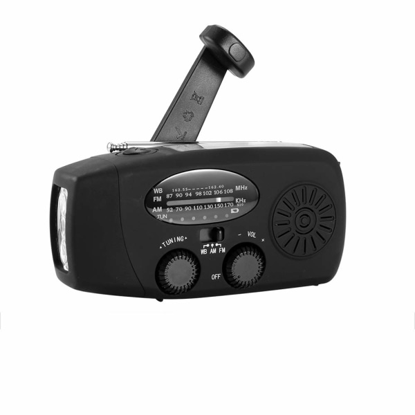 Bärbar solradio, handvev självdriven AM/FM/NOAA-radio, Dynamo Weather Radio Emergency Device med 3-LED ficklampa och telefonladdare svart