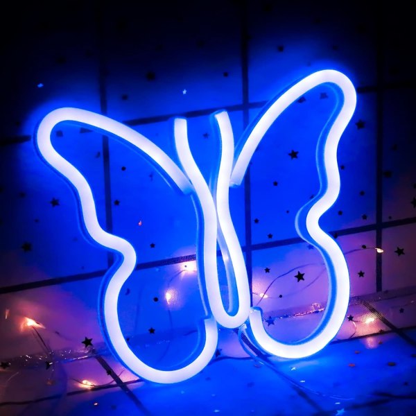 Butterfly neonskilte lys til vægdekoration i soveværelset, USB eller batteri LED vægdekoration (blå) Blue 9.05" x 7.48"