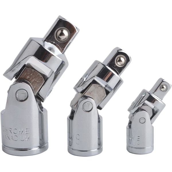 3-osainen yleiskäyttöinen nivelhylsysarja, kääntyvä adapteri, supistin, CR-V teräs, hopea kromiviimeistely, 1/4\" 3/8\" 1/2\" (6,3 mm / 10 mm / 12,5 mm)