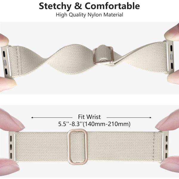 Loop-stropp kompatibel med Apple Watch-reim, justerbar elastisk nylonflettet sportsreim for iWatch SE Series 9/8/7/6/5/4/3/2/1 Starlight