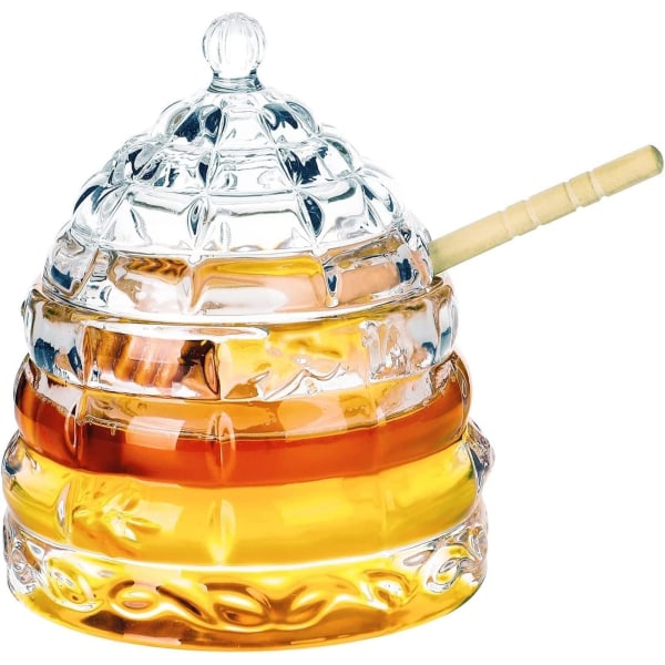 Krystalklart glas honningkrukke med dipper og låg, 11 oz honninggryde med bikube til bord- eller bordindretning