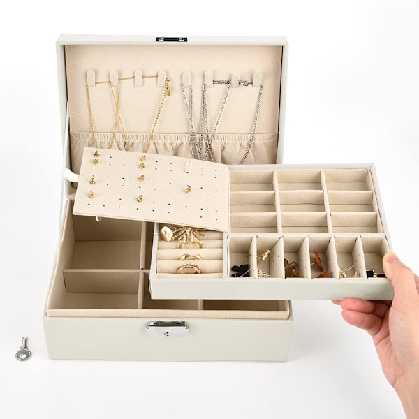 Smykkeskrin, dobbeltlags PU læder opbevaringsboks til kvinder til ringe, øreringe, armbånd, halskæder, smykkeorganisator gaveæske (Mors dags gave) White