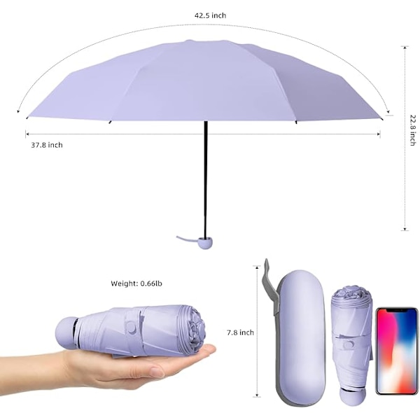 Rejseparaply - Mini kompakt foldeparaply med pose, 8 ribber, letvægts bærbar paraply, lille sol- og regnparaply Light Purple