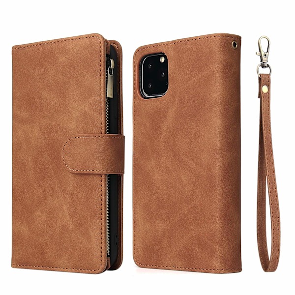 Plånboksfodral för iPhone 11, Handväska med dragkedja, Fodral med Ställ, Kortfack med Handledsrem, TPU Stötsäkert Flipskydd för iPhone 11 - Brun