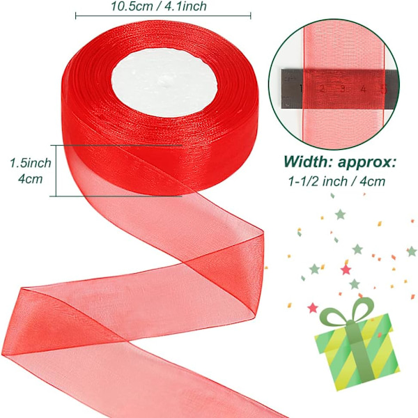Läpikuultava nauha, 40 mm x 45 metriä, kaksipuolinen läpinäkyvä sifonkinauha lahjojen paketointiin, jouluhäiden juhlakoristeisiin Red