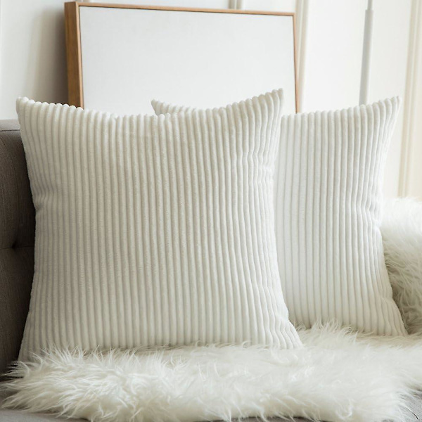 Pakke med 2 høst-kordfløyel myke solide dekorative, firkantede putetrekk, putevar 45 x 45 cm, hvit White