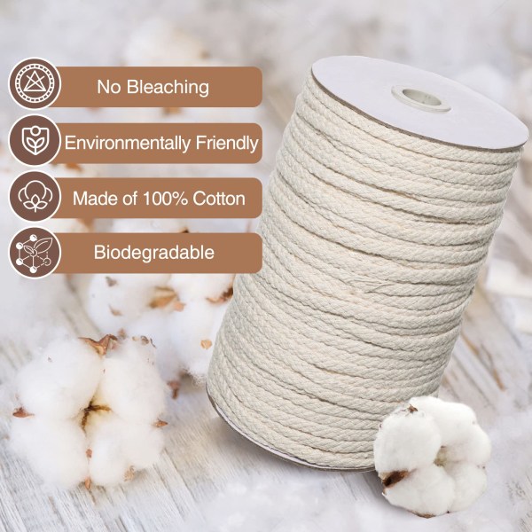 Makrametau, 5 mm x 100 m naturlig bomullstau for strikking for hengende plante DIY-dekorasjon (beige)