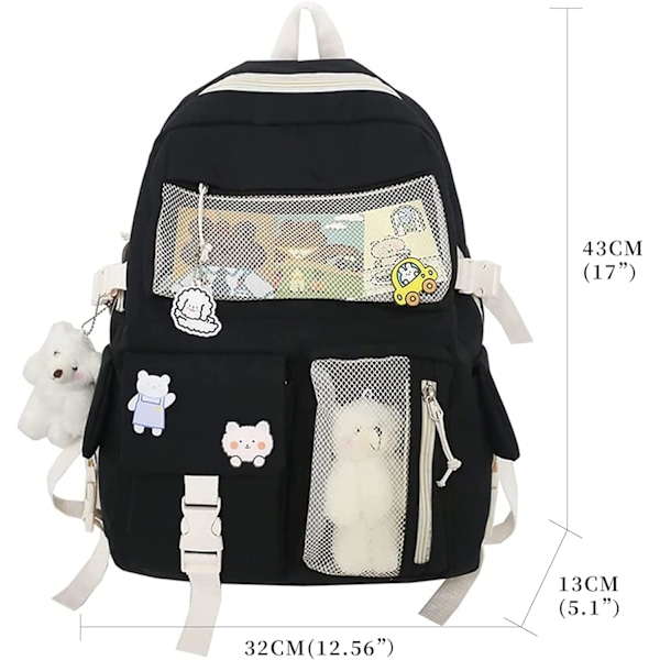 Kawaii Ryggsäck med Söta Pins och Tillbehör Söt Kawaii Ryggsäck för Skolan Kawaii Tjej Ryggsäck (Svart)