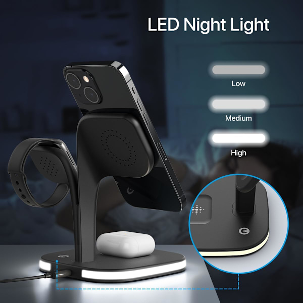 Magnetisk Trådlös Laddare, 5 i 1 Trådlös Laddningsstation Kompatibel med iPhone 16-12, Pro/Pro Max/Mini, för Apple Watch 9-2, AirPods 3/2/ Pro