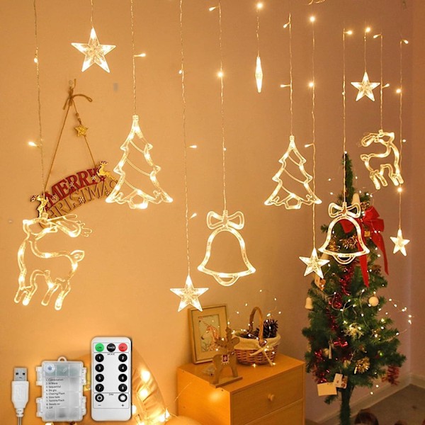 Strenglys julegardinlys 3,5M vanntett fe lysstreng julevindulys 8 moduser hage soveromdekorasjon USB+batteriboks
