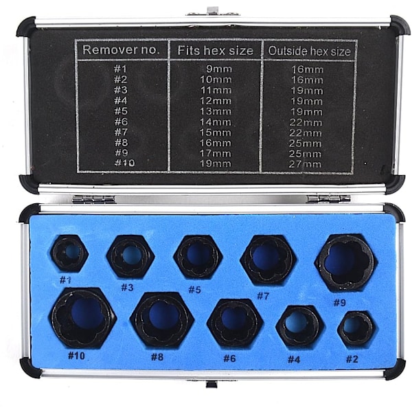 10 stk. 3/8\" Topnøgle 9-19 mm Beskadiget Møtrik Studs Udtrækker Bolt Fjernelse Låsning