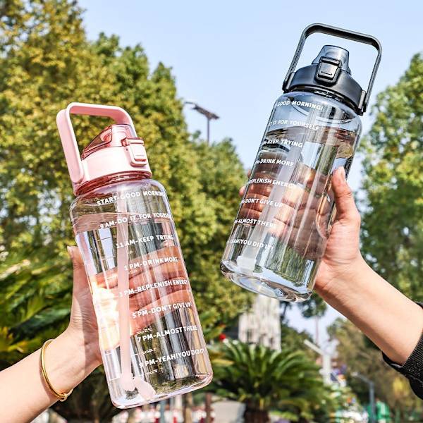 2000 ml vattenflaska, sommar fitness halmkopp med skala, utomhus bärbar plastkopp grön Green