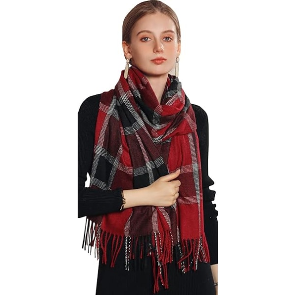 Vinterrutete skjerf for kvinner, kasjmirfølelse, lange varme sjal, pashmina-duskesjal, stola, Valentinsdagsgaver, skjerf, julegave Red