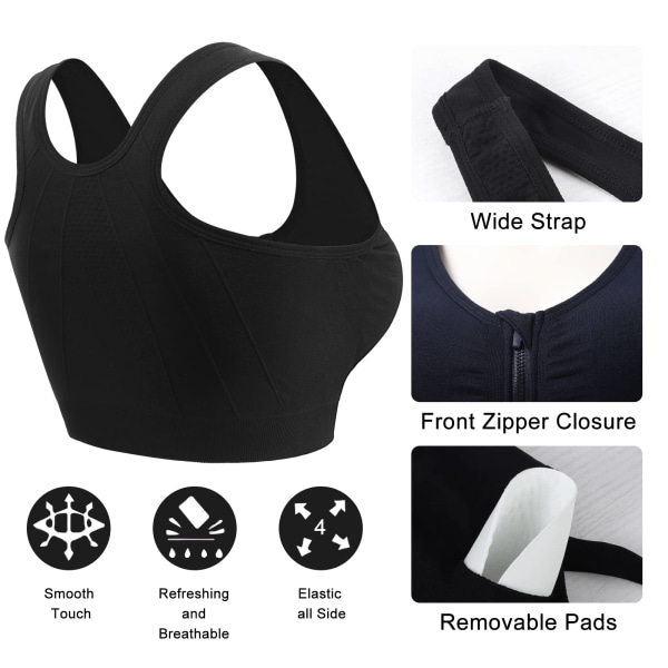 2 sports-BH med glidelås foran med avtagbare puter for løpeskjorte for kvinner Yoga Tank Top (M)