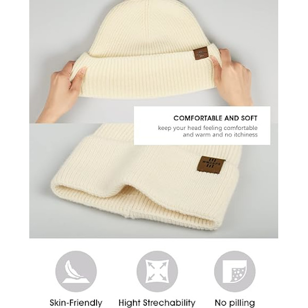 Strikket hue til mænd, dagligdags hue med opsmøg, strækbar, blød og varm, unisex komfortabel uldhue, gaver til mænd/ham/far, julegave Off White
