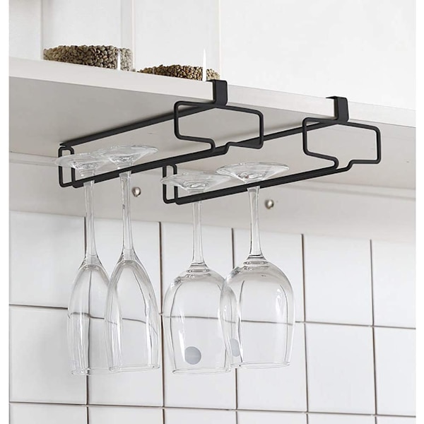 2 Pak Vin Glas Holder Stængglas Stativ Hængende Under Skab Vin Glas Stativ Ingen Boring Hængende Champagne Goblets Opbevaring Organiser, Sort