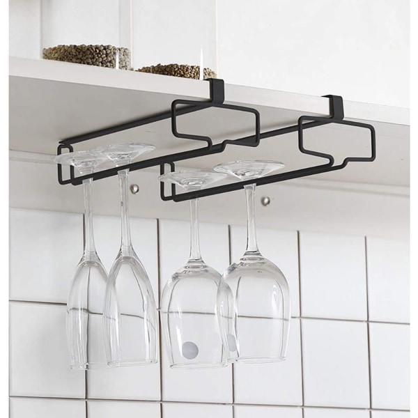 2-pakks VinGlassholder Stativ Henger Under Skap VinGlass Stativ Ingen Boring Henger Champagne Goblets Oppbevaring Organizer, Svart