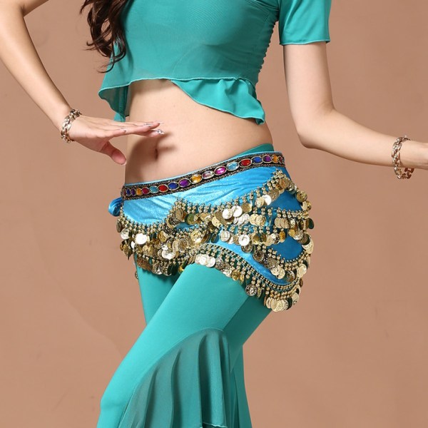 Kvinnetrekant magedansskjerf-omslagskjole med gullmynter, magedanskostymer, dansetrening Danseøving hofteskjerf (blå)