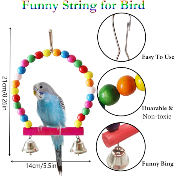 8 st Fågel Budgie Leksaker, Hängande Klocka Papegoja Bur Gunga Klättring Stegar Träpinne (Multi-B)