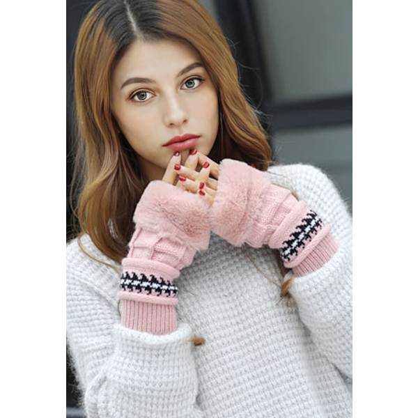 Damhattset Fluffig Vintermössa Stickad Beanie Utomhus Plyschfodrad Rysshatt Pompom Öronlapp med Vantar, rosa Pink