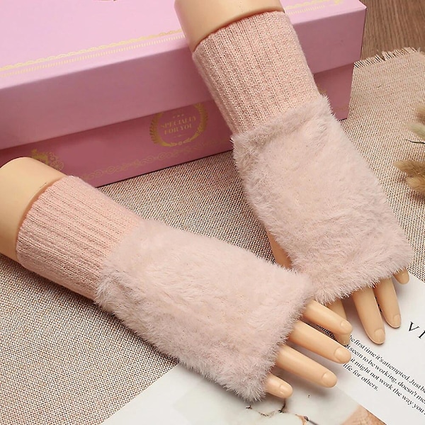 1 Par Kvinder Piger Elastisk Plys Handsker Halv Finger Vanter Mink Pels Hold Varme Blød Mode Vinter Handsker pink
