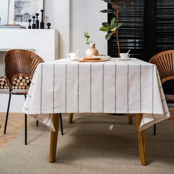 Bomulls Lin Farmhouse Duk Stripet Jute Bordduk Myk Vaskbar Bordplate 140cm×180cm (4-6 Seter)