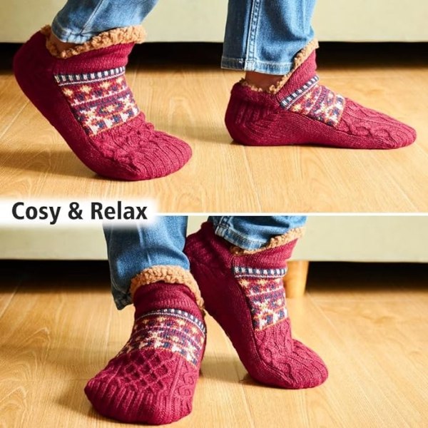 Toffelsockor för män och kvinnor, fluffiga strumpor med grepp, halkfria fleecefodrade, termiskt stöd, julklapp M 40-42 Wine Red 40-42