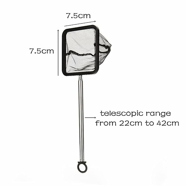7,5 cm kalastusverkko teleskooppisella pitkällä kahvalla, hienosilmäinen kalaverkko, haavinverkko akvaarioon tai pieneen akvaarioon (teleskooppinen alue 22-42 cm)