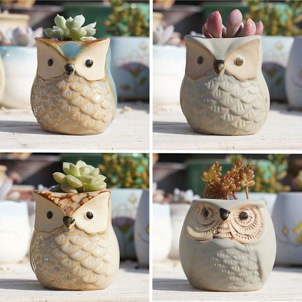 Set med 4 Mini Keramik Cartoon Uggla Mönster Succulent Växtkruka Blomma Kruka Behållare Planterare Kaktus Växtkruka för Trädgård