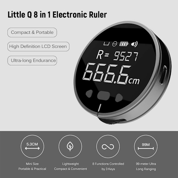 8 in 1 Elektroninen Viivoitin LCD-näyttö Etäisyysmittari 99m Korkea Tarkkuus Käsikäyttöinen Pituuden Mittausväline Pitkä Käyttöaika Latautuva Viivoitin