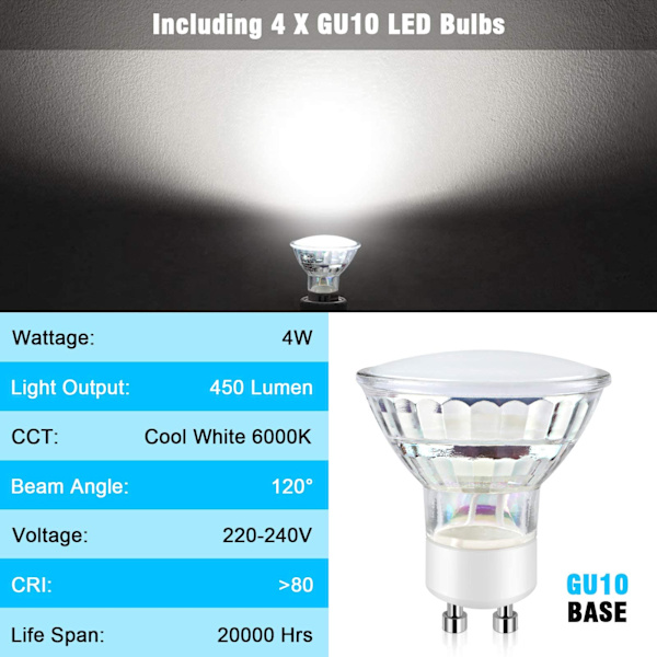 LED Taklampe Roterbar, 4-veis Rund Plate LED Takspotlys, Inkludert 4x4W GU10 LED Lyspærer, Kald Hvit, for Kjøkken, Stue 4 Way