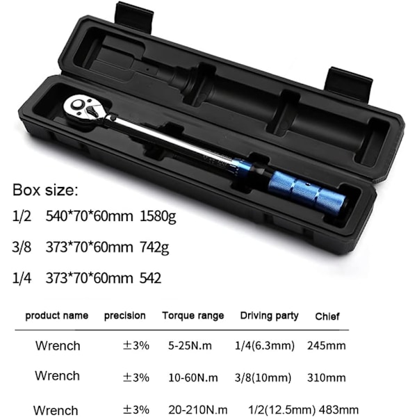 1/4 tuuman momenttiavain, 5~25 Nm, esiasetettu, säädettävä, automaattinen korjaustyökalu, kromivanadiiniteräs, tarkka momenttiavain