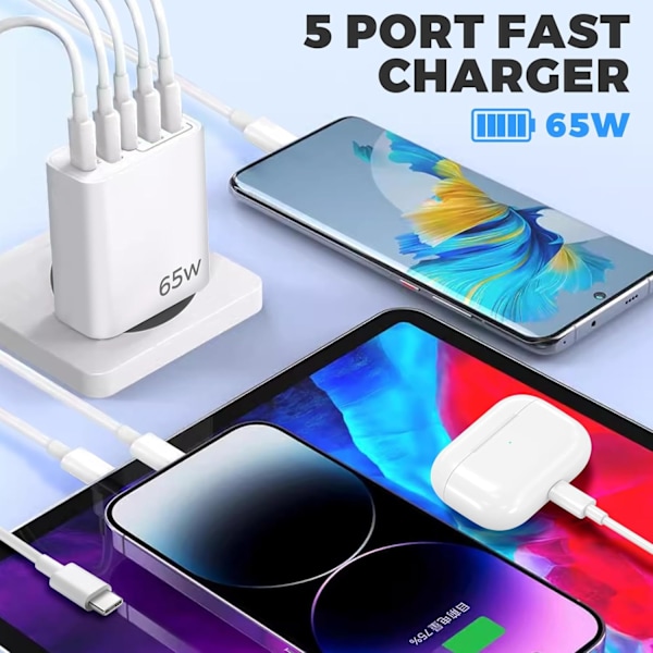 USB C Lader, 65W 5 Port USB C Lader med QC 3.0 Smartlader, USB Strømadapter for iPhone 15 14 13 12 11 Pro MAX SE 2020 XS XR 8 7