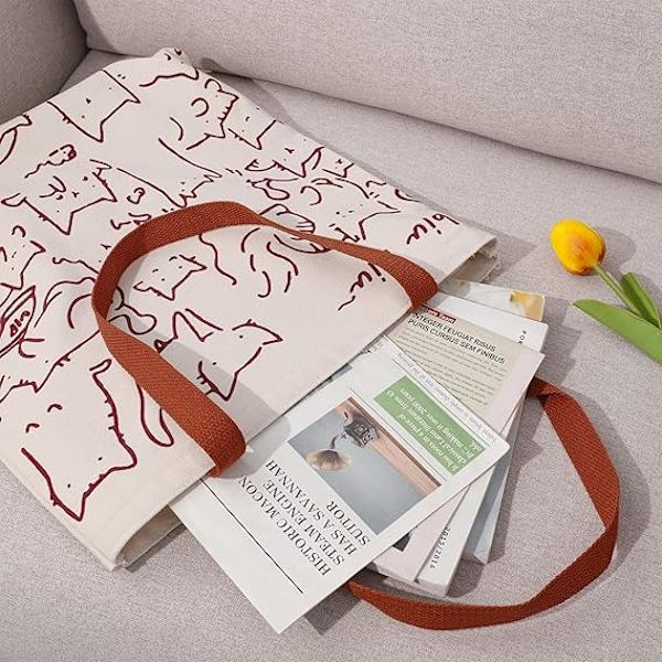 Kat Tote Bag med lynlås Dame Lærred Tote Bag, Genanvendelig Indkøbspose, Vaskbar Foldbar Lærred Tote Bag til Kvinder Piger