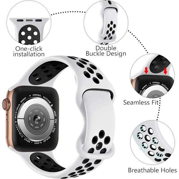 Silikoninen urheiluranneke, yhteensopiva Apple Watch -rannekkeen kanssa, hengittävät vaihtorannekkeet Apple Watch Ultra/Ultra 2/iWatch SE Series 9 8 7 6 5 4 3 2 1 -kelloille White