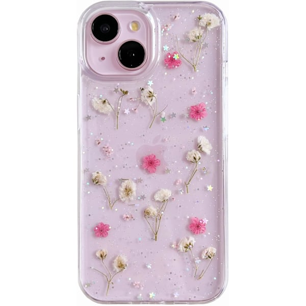 Blommor Skal för iPhone 15/14/13 Transparent Äkta Torkade Blommor Mobilskal Glitter Mjukt Silikonskyddsskal (Rosa) Pink