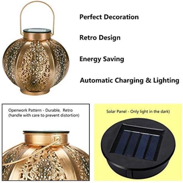 Solar Lanterne LED Havelampe Udendørs hængende Vandtæt hængende lys Sekskantet dekorativ belysning til havegårdhave Græsplæne Gang Indkørsel - Guld