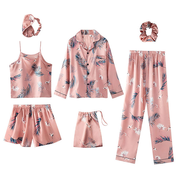 7 Dele Kvinders Pyjamasæt Faux Silke Pyjamas Kvinders Pyjamas Natsæt Forår Sommer Hjemmetøj Natsæt Damer Komfort Bomuld Gave (XL)