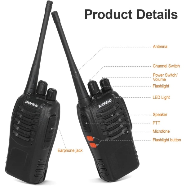 Lang rekkevidde walkie talkie, profesjonell 16-kanals walkie talkie, CTCSS/DCSTalkie oppladbar walkie talkie 1500mAh radioer Rekkevidde 1-3 km(2 stk)