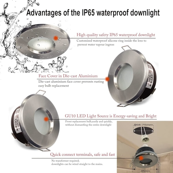 IP65 vandtæt LED forsænket spotlight, GU10 fatningskonfiguration, egnet (pære ikke inkluderet) Satin Nikkel Downlight udskæring 75mm